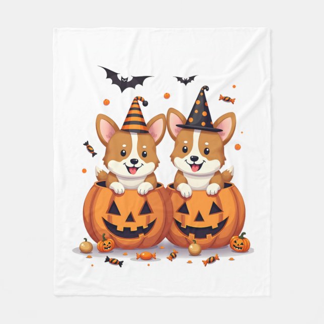Pumpkin Corgi Party Fleece Blanket (Front)