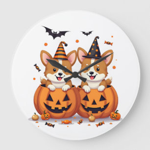 Pumpkin Corgi Party Large Clock