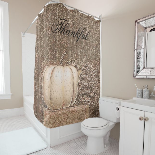Pumpkin Country White Gold Metallic Elegant Fall Shower Curtain (In Situ)
