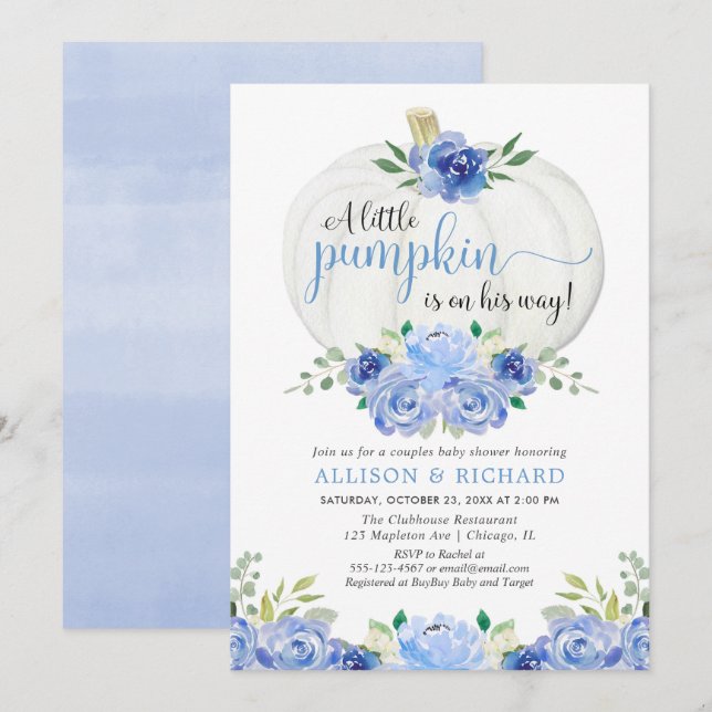 Pumpkin couples baby shower, fall blue greenery invitation (Front/Back)