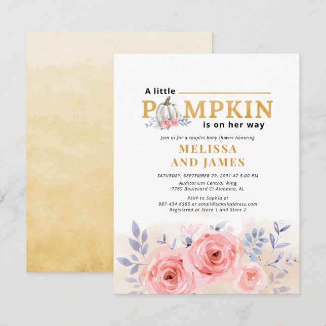 Pumpkin Couples Baby Shower Floral Invitation (Front/Back)