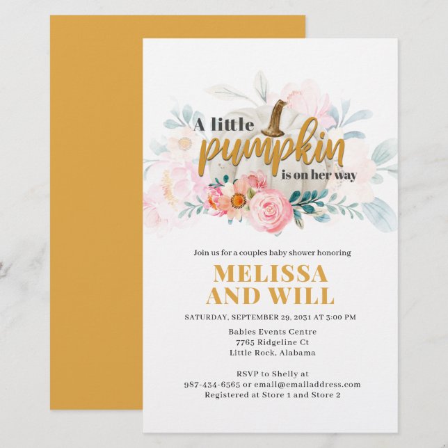 Pumpkin Couples Baby Shower Floral Invitation Stationery (Front/Back)