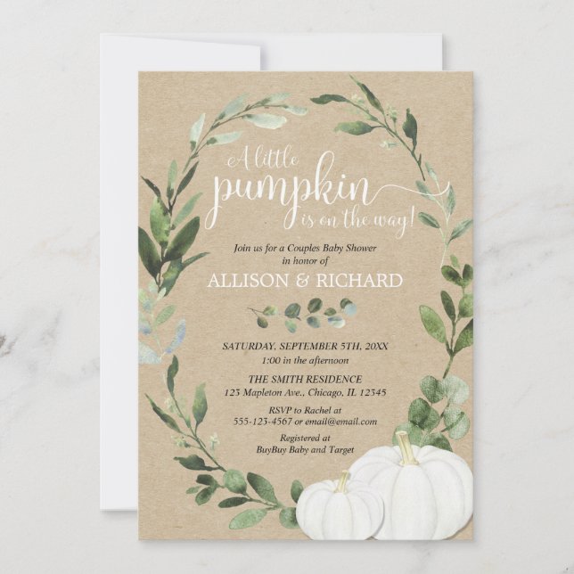 Pumpkin couples baby shower, gender neutral green invitation (Front)