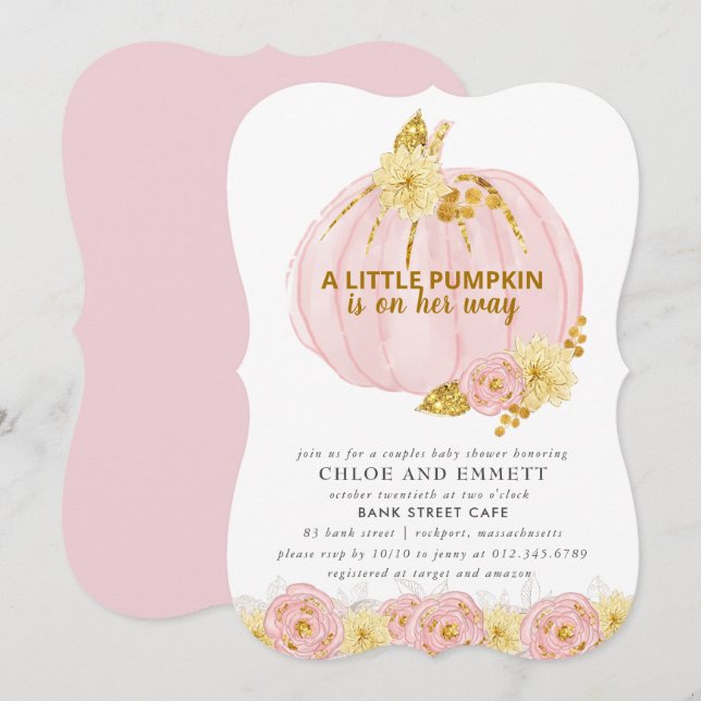Pumpkin Couples Baby Shower, Pink Gold Elegant Invitation (Front/Back)