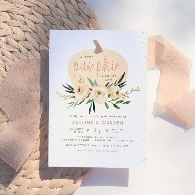Pumpkin Couples Baby Shower Pink & Gold Modern Invitation (Creator Uploaded)