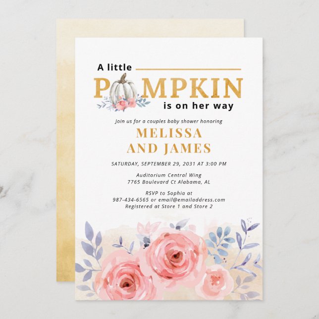 Pumpkin Couples Baby Shower Watercolor Lilac Pink Invitation (Front/Back)