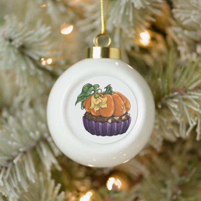Pumpkin Cupcake Ceramic Ball Christmas Ornament (Tree)