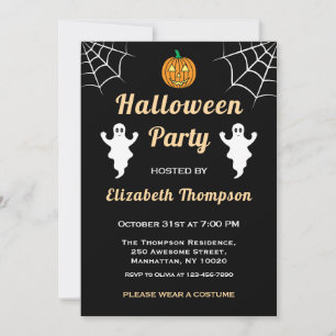 Pumpkin Cute Ghost Spider Web Fun Halloween Party Invitation