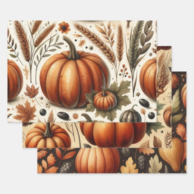 Pumpkin Cute Watercolor Fall & Autumn Thanksgiving Wrapping Paper Sheet (Set)