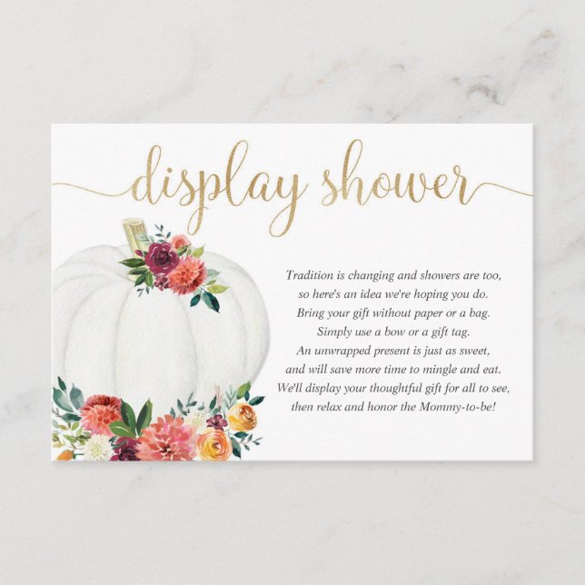Pumpkin display shower gender neutral fall floral enclosure card (Front)
