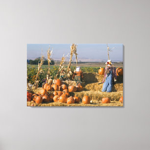 Pumpkin display with hay bales and scarecrows canvas print