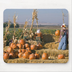 Pumpkin display with hay bales and scarecrows mouse mat
