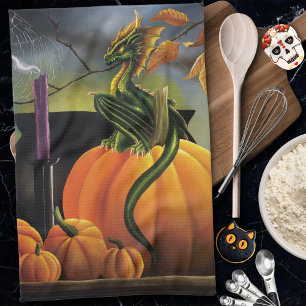 Pumpkin Dragon Cauldron Halloween Tea Towel