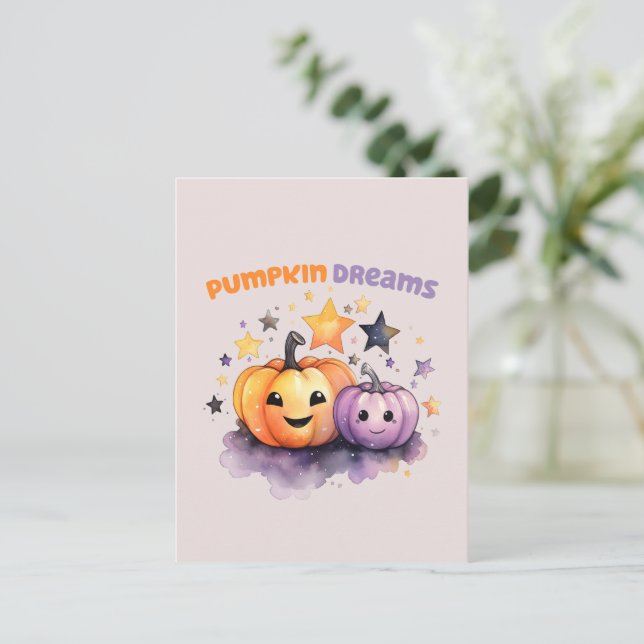 Pumpkin Dreams – Cute Pastel Purple and Orange Postcard (Standing Front)