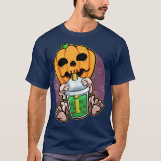 Pumpkin Drinking Boba Lazy Halloween Costume Jack  T-Shirt