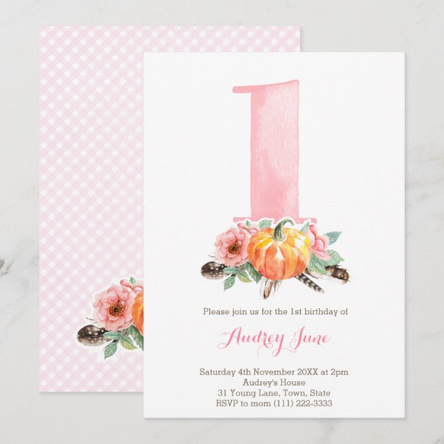 Pumpkin Dusky Pink Roses 1st Birthday Party Invitation (Front/Back)