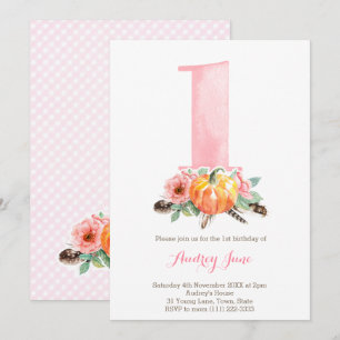Pumpkin Dusky Pink Roses 1st Birthday Party Invitation