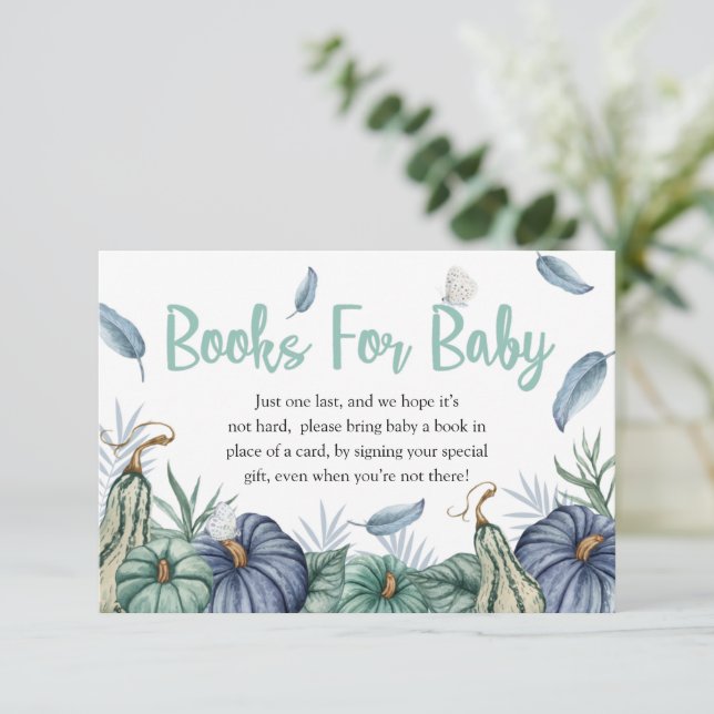 Pumpkin Dusty Blue Baby Shower Books For Baby Card (Standing Front)
