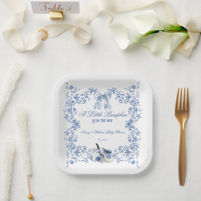 Pumpkin Dusty Blue Whimsical Floral Baby Shower Paper Plate (Wedding)