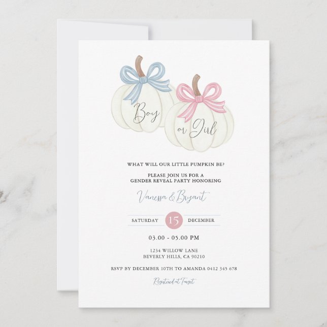 Pumpkin Dusty Pink Blue Ribbon Gender Reveal Invitation (Front)