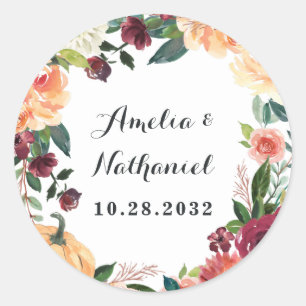 Pumpkin Elegant Fall Floral Rustic Themed Wedding Classic Round Sticker