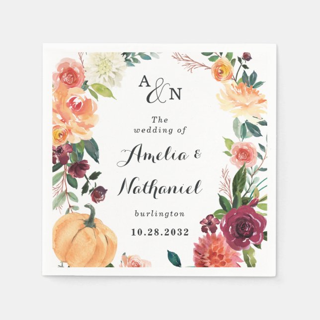 Pumpkin Elegant Fall Floral Rustic Themed Wedding Napkin (Front)