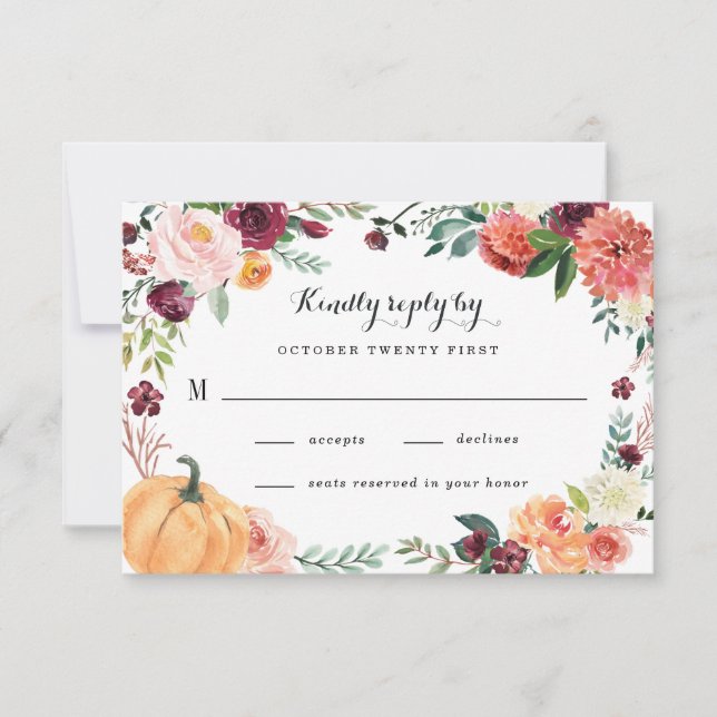 Pumpkin Elegant Fall Floral Rustic Themed Wedding RSVP Card (Front)