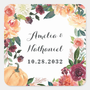 Pumpkin Elegant Fall Floral Rustic Themed Wedding Square Sticker