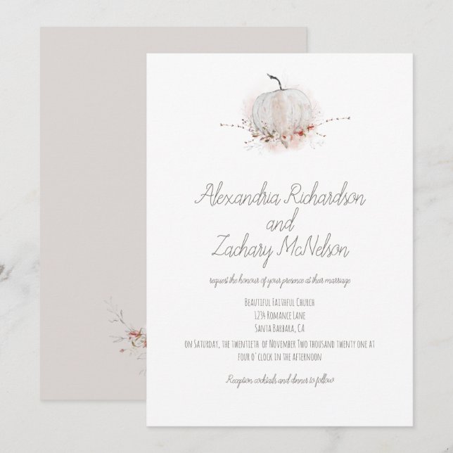 Pumpkin Elegant Rustic Fall Watercolor Wedding Invitation (Front/Back)