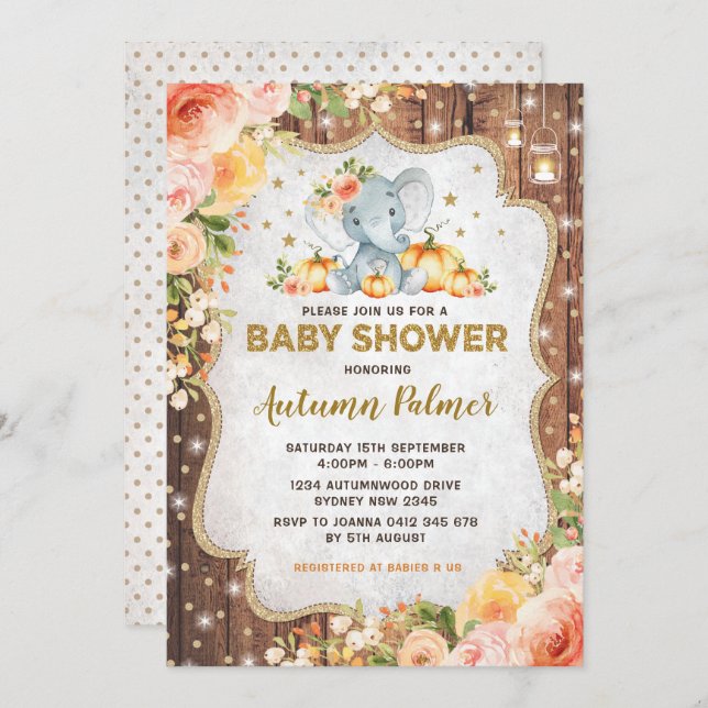 Pumpkin Elephant Baby Shower Fall Autumn Floral Invitation (Front/Back)