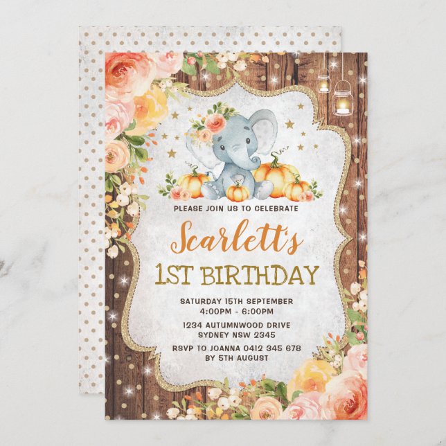 Pumpkin Elephant Birthday Party Fall Autumn Floral Invitation (Front/Back)