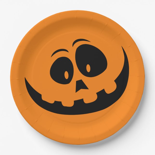 Pumpkin Face Orange Halloween Paper Plate (Front)