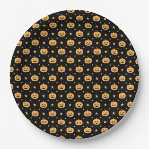 Pumpkin Face Pattern Black Orange Halloween Party Paper Plate