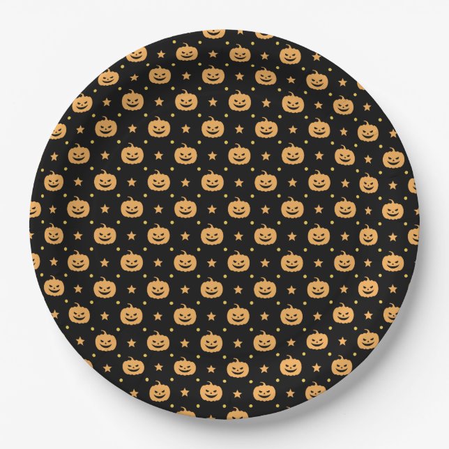 Pumpkin Face Pattern Black Orange Halloween Party Paper Plate (Front)