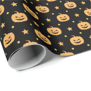 Pumpkin Face Pattern Black Orange Halloween Party Wrapping Paper