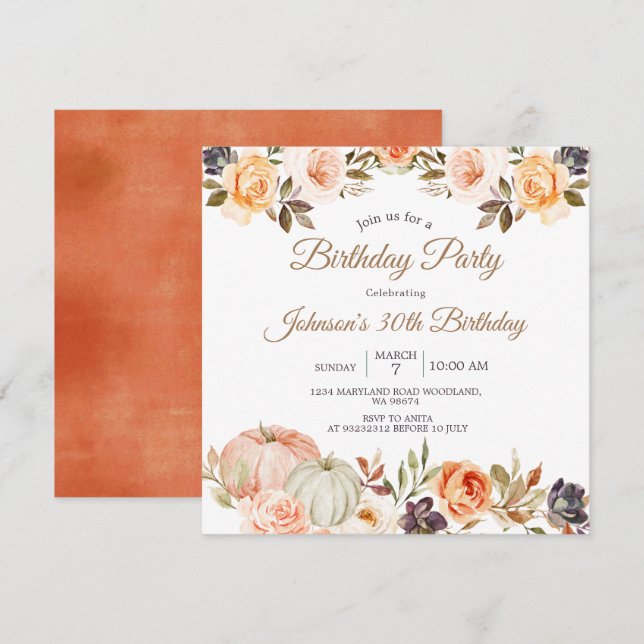 Pumpkin Fall 30th Birthday Party Rustic Floral Invitation (Front/Back)