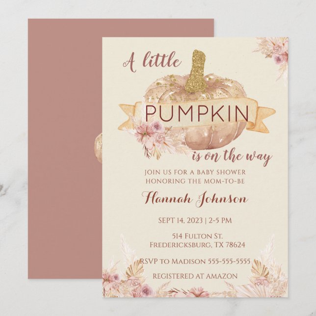 Pumpkin Fall Baby Shower Boho Floral Baby Girl Invitation (Front/Back)