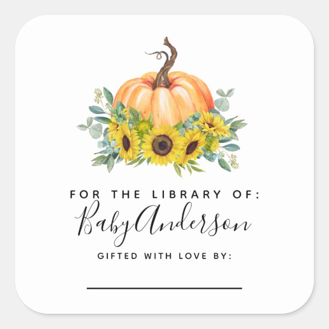  Pumpkin Fall Baby Shower Bookplate  Square Sticker (Front)