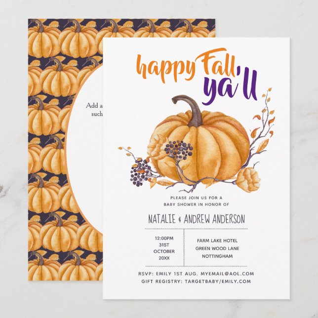 Pumpkin Fall Baby Shower Halloween Org/Purp Invitation (Front/Back)