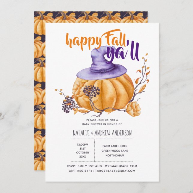 Pumpkin Fall Baby Shower Halloween Org/Purp Invitation (Front/Back)