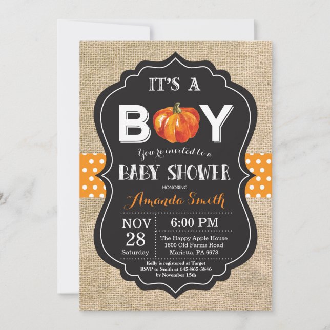 Pumpkin Fall Baby Shower Invitation Card Burlap (Front)