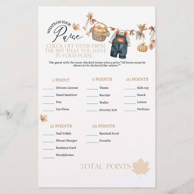 Pumpkin Fall Baby Shower What on Purse Game (Front)