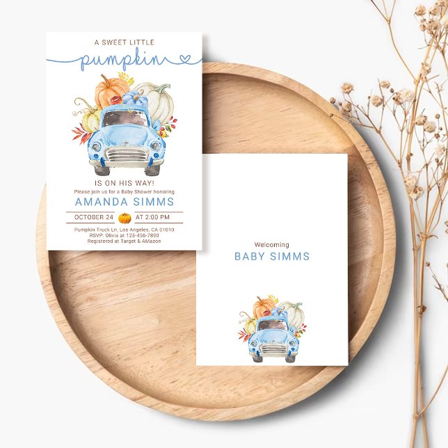 Pumpkin Fall Boy Baby Shower Invitation Blue Truck (Creator Uploaded)