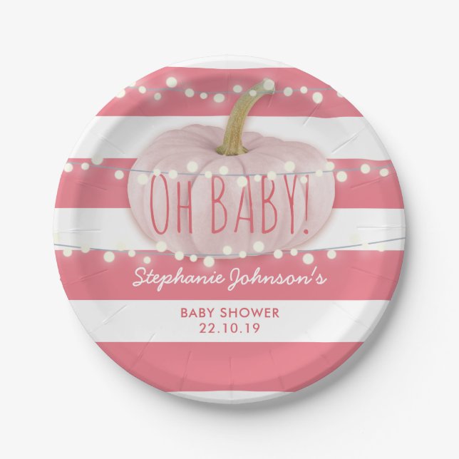 Pumpkin Fall Chic Pink Girl Baby Shower Paper Plate (Front)