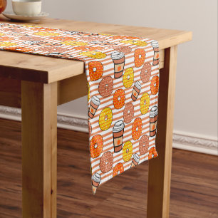 Pumpkin Fall Doughnuts & Coffee Orange Stripes Short Table Runner