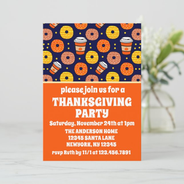Pumpkin Fall Doughnuts & Coffee Thanksgiving Blue Invitation (Standing Front)