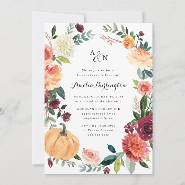 Pumpkin Fall Elegant Floral Rustic Bridal Shower Invitation (Front)