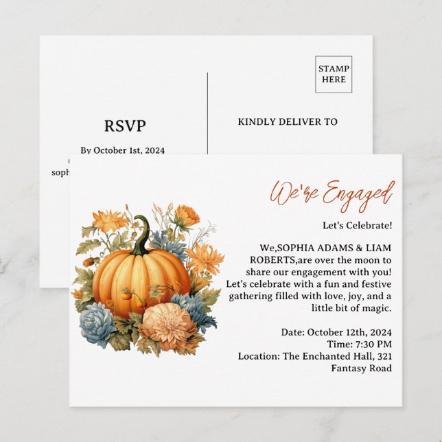 Pumpkin Fall Engagement Party Invitation Postcard (Front/Back)