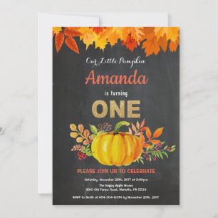 Pumpkin Fall First Birthday Gold Chalkboard Invitation