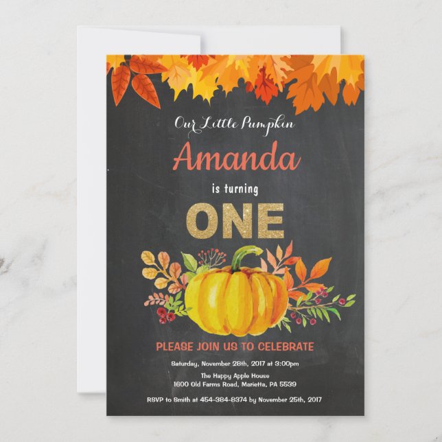 Pumpkin Fall First Birthday Gold Chalkboard Invitation (Front)